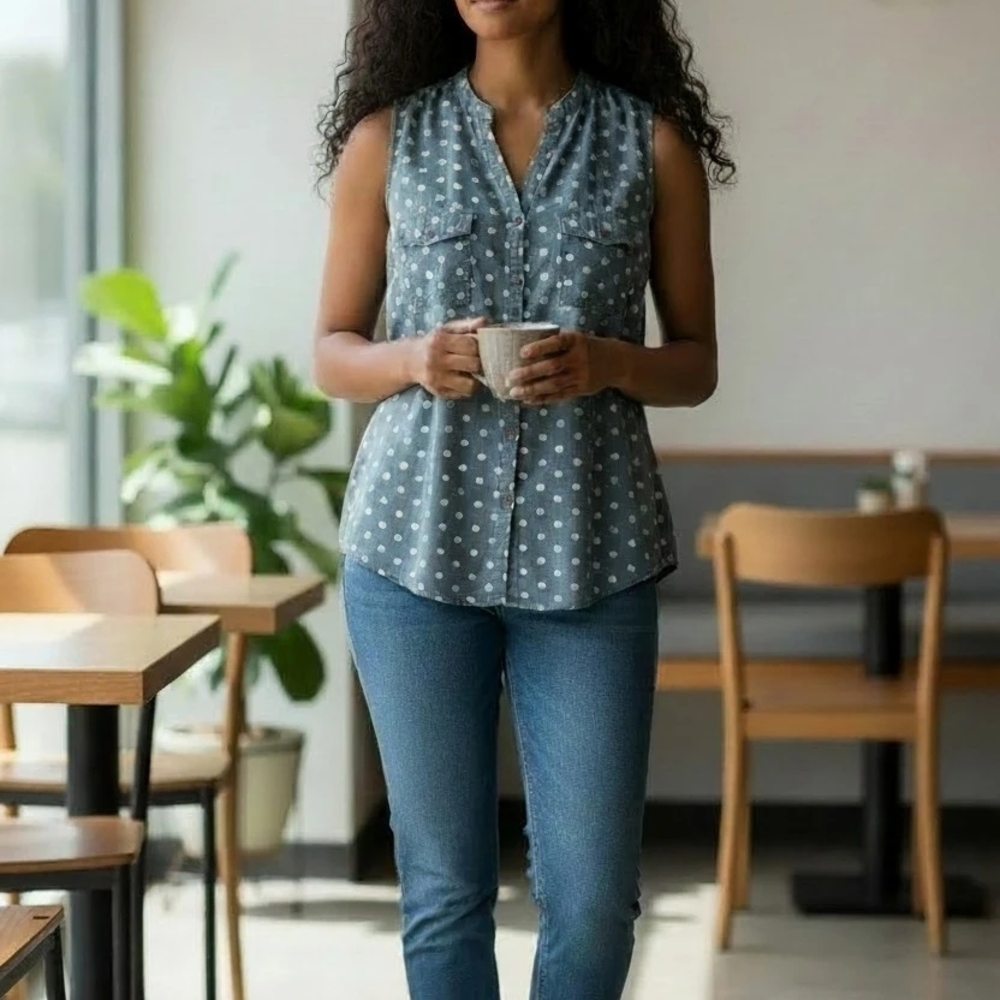 NY Collection Sleeveless Blue Polka Dot Blouse